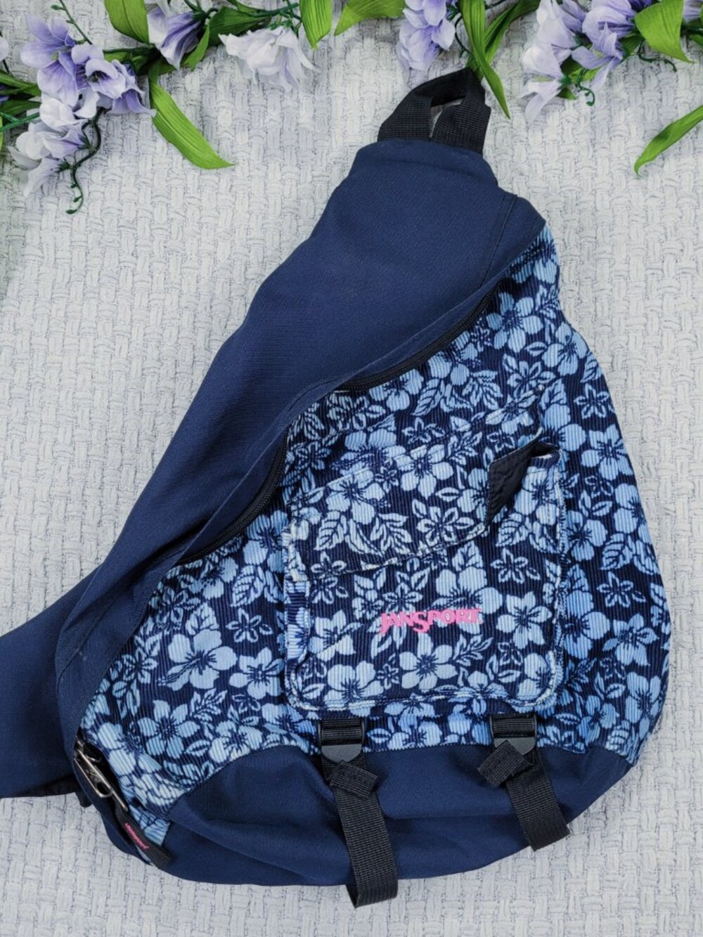 Jansport Vintage Blue Corduroy Hawaiian Floral Sling Backpack Y2K '90s
